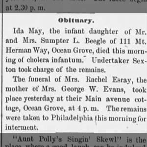 1893 Rachel's obit in NJ paper 
